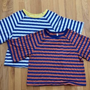 Striped Raglan Crop Tee Pair - Blue/White & Navy/Orange